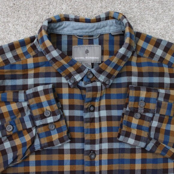 Royal Robbins Shirt Mens XL Blue/Orange Plaid Standard Fit Organic Cotton L/S - Picture 1 of 13
